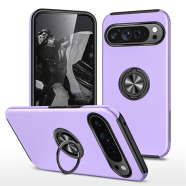 for Google Pixel 9 Pro XL Case with Ring Stand, 360° Rotatable Ring Holder Magnetic Kickstand, 2-Layer Heavy Duty Shockproof Rugged Hybrid Hard PC Soft Rubber Case for Google Pixel 9 Pro XL, Purple