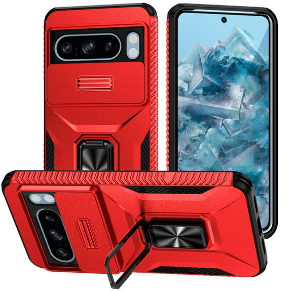 for Google Pixel 9 Pro XL Case with Sliding Camera Cover, [Drop Protection] [Magnetic Rotated Kickstand] Military Grade Shockproof Heavy Duty Cover for Google Pixel 9 Pro XL, Red