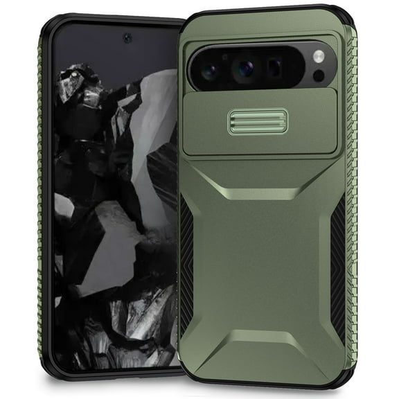 for Google Pixel 9 Pro XL Case with Sliding Camera Lens Cover, [Military Grade Drop Protection] Rugged Heavy Duty Shockproof Protective Phone Case Non-Slip Design Cover, Darkgreen