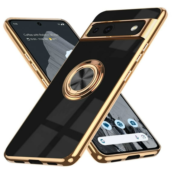 for Google Pixel 9 Pro XL Case [with 360°Rotatable Ring Holder][Support Magnetic Car Mount]Shiny Plating Gold Slim Fit Thin Soft TPU Rugged Kickstand Bumper Anti-scratch Shockproof Case,Black
