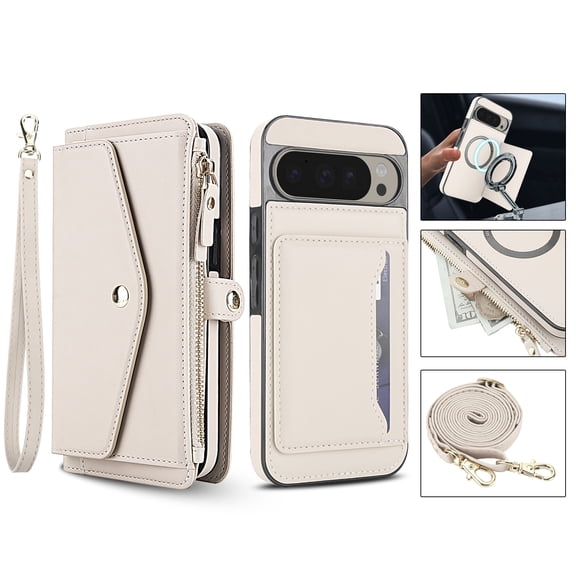 For Google Pixel 9 Pro XL Crossbody Wallet Phone Case,Magnetic Detachable Flip,With Shoulder Strap&Wrist Strap,Zipper Pocket,Card&Cash Slots,PU Leather Shockproof Rugged Phone Case,White