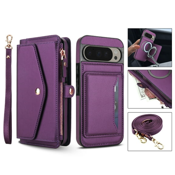 For Google Pixel 9 Pro XL Crossbody Wallet Phone Case,Magnetic Detachable Flip,With Shoulder Strap&Wrist Strap,Zipper Pocket,Card&Cash Slots,PU Leather Shockproof Rugged Phone Case,Purple