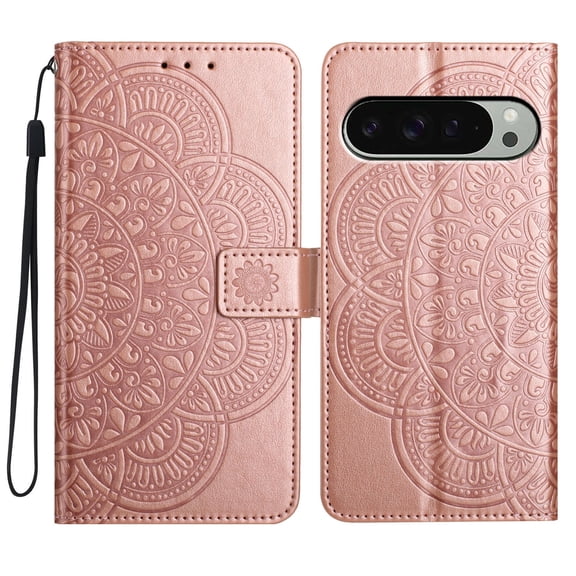For Google Pixel 9 Pro XL Folio Wallet Case with Wrist Strap, Embossed Sunflower Pattern, Lightweight Protective PU Leather Phone Case with Credit Card/Cash Slots, Magnetic Closure, Rosegold