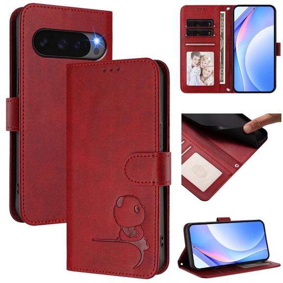 For Google Pixel 9 Pro XL Litter Panda Embossing Leather Phone Case with RFID Blocking Card Slot Wallet Magnetic Clasp Lanyard Flip Stand Case,Wine Red