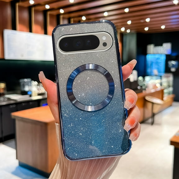 for Google Pixel 9 Pro XL Magnetic Case, Sparkle Glitter Case Compatible with Mag Safe Camera Lens Film Protection Bling Case Anti-Scratch Shockproof Phone Case for Google Pixel 9 Pro XL,Blue
