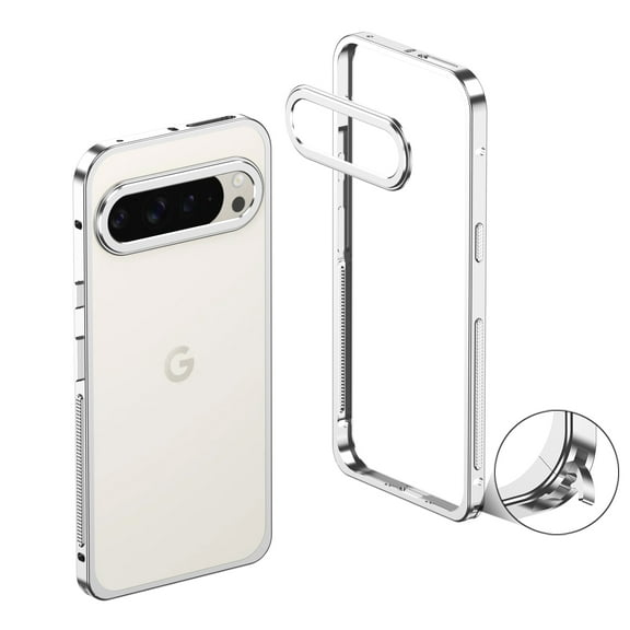 For Google Pixel 9 Pro XL Metal Bumper Phone Case,With Lens Protector,Slim Fit No Back No Frame Backless Metal Bumper 4 Corners Shockproof Rugged Heat Dissipation Frame Phone Case,Silver
