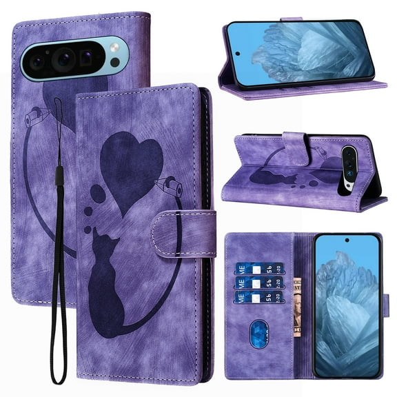 for Google Pixel 9 Pro XL PU Leather Case, Magnetic Closure Drop Protective Card Slots Wallet Case Wrist Strap Lovely Animal Pattern Kickstand Phone Cover for Google Pixel 9 Pro XL, Purple