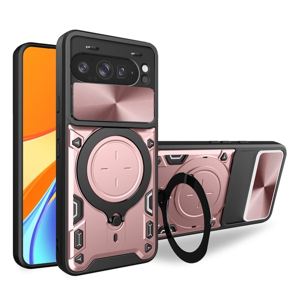 For Google Pixel 9 Pro XL Phone Case,With Rotatable Ring Kickstand,Sliding Camera Cover,Support Car Mounted Magnetic Holder,JHeavy Duty Shockproof Rugged Durable Phone Case,Pink