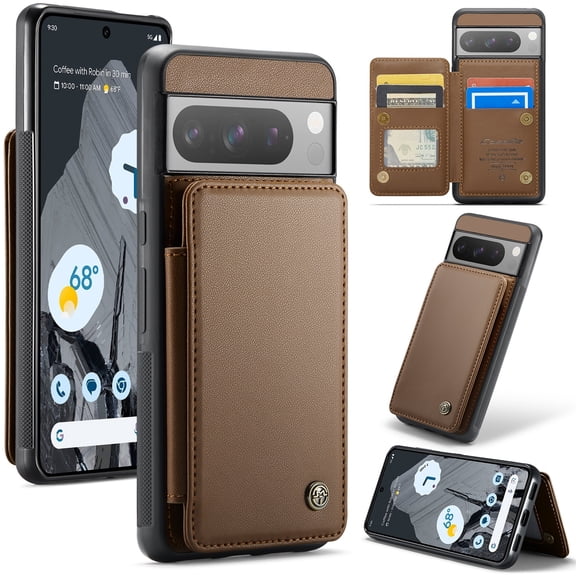 for Google Pixel 9 Pro XL Premium PU Leather Back Case, Multiple Card Slots Design, Double Magnetic Clasp Study Kickstand RFID Blocking Classic Phone Cover for Google Pixel 9 Pro XL, Brown