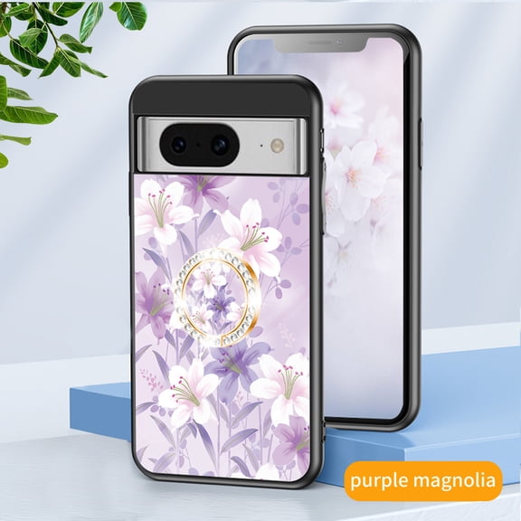 for Google Pixel 9 Pro XL Slim Case Exquisite Floral Pattern 360 Rotating Diamond Ring Holder Anti-Scratch Soft TPU Silicone Bumper Rubber Tempered Glass Back Cover, Purple magnolia