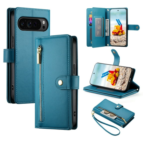 for Google Pixel 9 Pro XL Wallet Case with Crossbody Strap &  Card Holder, Fashion Flip PU Leather Magnetic Clasp Cover for Women Men, Zipper Pocket Purse Phone Case for Google Pixel 9 Pro XL, Blue