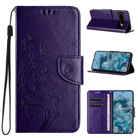 For Google Pixel 9 Pro XL Wallet Case,Cute Embossed Butterfly & Flower Patterned Flip Premium PU Leather [Flip Kickstand] [Card Slots] [Wrist Strap] [Magnetic Closure] Phone Cover, Purple
