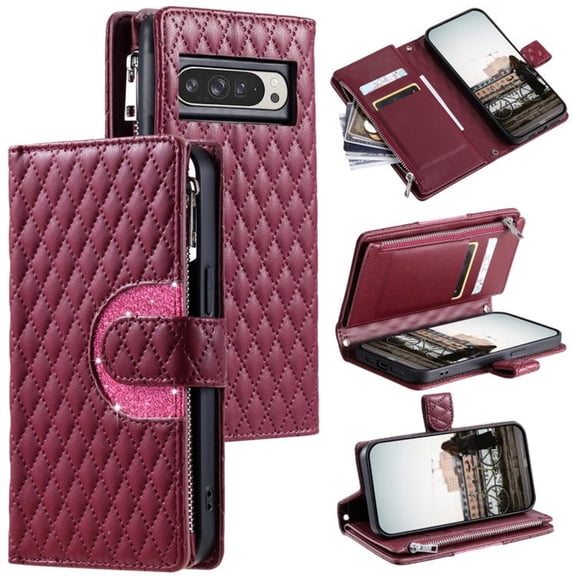 For Google Pixel 9 Pro XL Wallet Case Grid Texture Magnetic Flip Cover 9-Card Slots Zipper Pocket With Detachable Shoulder Strap And Wrist Strap,Wine red,For Pixel 9 Pro XL