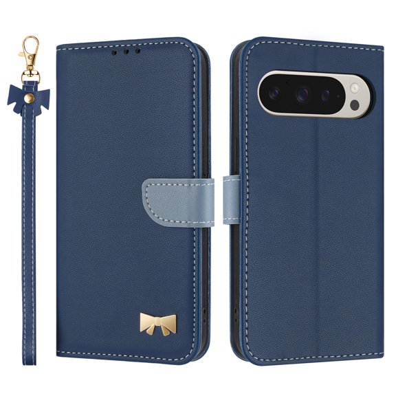 for Google Pixel 9 Pro XL Wallet Case, Magnetic Closure & Adjustable Kickstand & Card Slots & Shoulder Strap & Wrist Strap Full Body Protection Rugged Phone Case for Google Pixel 9 Pro XL, Darkblue