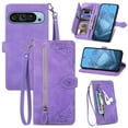 thumbnail image 1 of for Google Pixel 9 Pro XL Wallet Case for Men Women, Embossed PU Leather Magnet Buckle Card Slots Zipper Pocket Lanyard Wrist Strap Handbag All-inclusive Protective Case, Purple, 1 of 8
