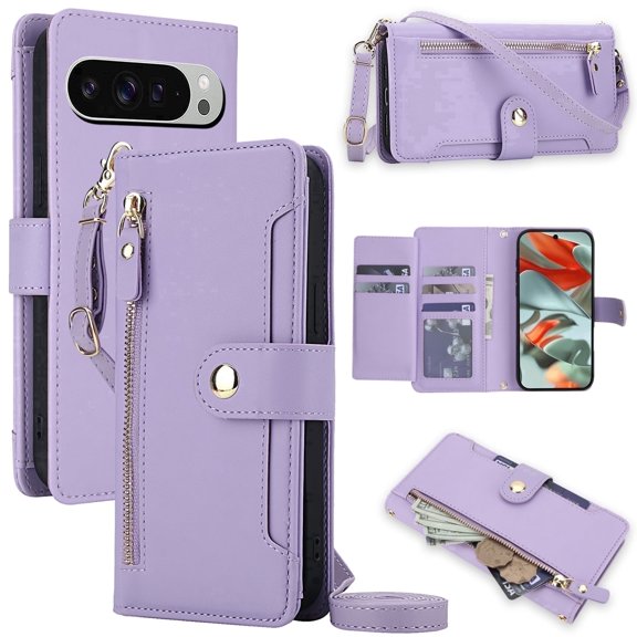 for Google Pixel 9 Pro XL Wallet Case, PU Leather Flip Cover with Card Holder and Zipper Pocket, Detachable Shoulder & Wrist Strap Secure RFID Blocking Protection,Purple