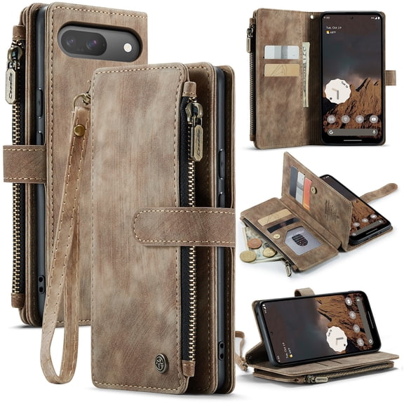 For Google Pixel 9 Wallet Case with Card Slots, Leather Detachable Wristlet Strap 3-in-1 Zipper Pocket and Magnetic Flip Folio, RFID Blocking Card Holder Stand Case for Women and Men,Brown