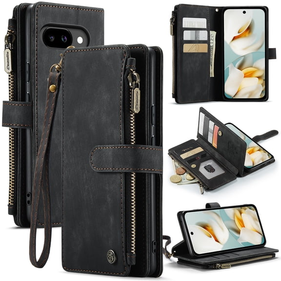 For Google Pixel 9 A Wallet Case with Card Slots, Leather Detachable Wristlet Strap 3-in-1 Zipper Pocket and Magnetic Flip Folio, RFID Blocking Card Holder Stand Case for Women and Men,Black
