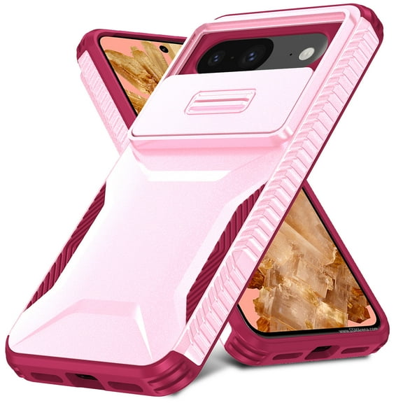 for Google Pixel 9A Case with Built-in Camera Lens Slide Cover, Heavy-Duty Shockproof Rugged Case Heavy Duty Bumper Shockproof Phone Cover for Google Pixel 9A,Pink