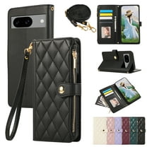 For Google Pixel 9A Case, with Crossbody Shoulder Strap Hand Wrist Cards Holder Zipper Pocket RFID Blocking Shockproof Flip Cover Stand Snap Closure Phone Case for Google Pixel 9A, Black