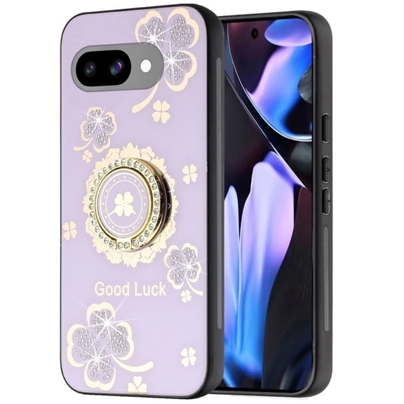 For Google Pixel 9A Case, Diamonds 3D Fashion Floral Bling Sparkly Glitter Ornaments Engraving Hybrid with Ring Stand Phone Cover (Purple Good Luck Floral)