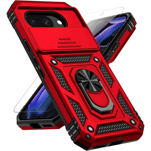 for Google Pixel 9A Case with Slide Camera Cover HD Screen Protector [Military Grade 16ft. Drop Tested] Magnetic Ring Holder Kickstand Protective Phone Case for Google Pixel 9A 2025, Red