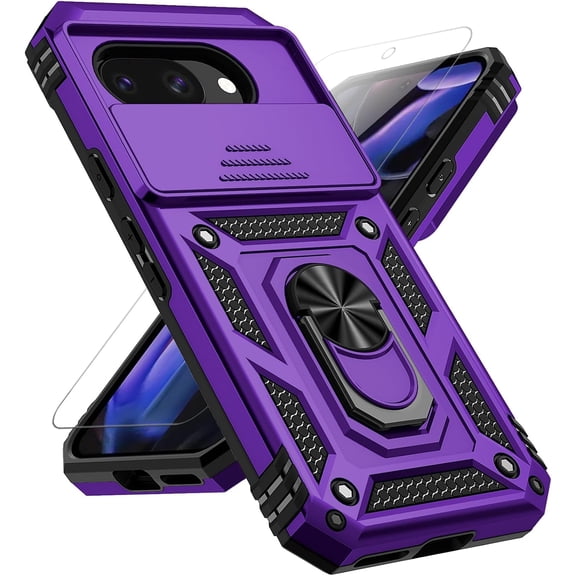 for Google Pixel 9A Case with Slide Camera Cover HD Screen Protector [Military Grade 16ft. Drop Tested] Magnetic Ring Holder Kickstand Protective Phone Case for Google Pixel 9A 2025, Purple