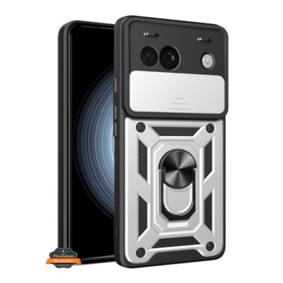 For Google Pixel 9A Hybrid Shockproof, Built-in Sliding Camera Lens Protection with Magnetic Finger Ring Stand Holder Phone Case Cover by Xpression, Silver