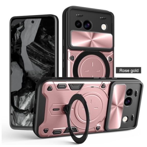 For Google Pixel 9A Hybrid Shockproof with Magnetic Ring Stand, Compatible with Magsafe & Sliding Camera Lens Protector Phone Case Cover by Xpression, Rose Gold