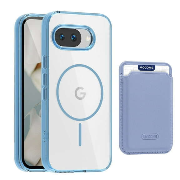 For Google Pixel 9A Magnetic Clear Phone Case,Magnetic Detachable Card Slots Holder Wallet,Compatible with Mag-safe,Crystal Transparent Shockproof Protective Rugged Phone Case,Blue