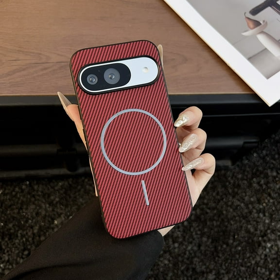 For Google Pixel 9A Magnetic Phone Case,Anti-Scratch Fiber Pattern PU Leather Back,Compatible with Mag-Safe,Ultra Slim Shockproof Anti-fall Protection Rugged Phone Case,Red