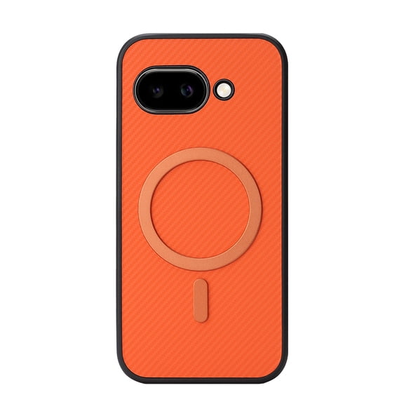 For Google Pixel 9A Magnetic Phone Case,Fiber Pattern PU Leather Back,Compatible with Mag-Safe,Shockproof Anti-fall Drop Protection Anti-Scratch Ultra Slim Durable Phone Case,Orange