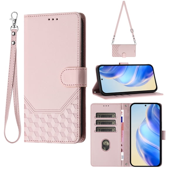 For Google Pixel 9A Phone Case,Beehive Embossment Design,Anti-Scratch PU Leather Flip Foldable Kickstand,With Card Slots,Strap,Shoulder Strap,Shockproof Non-Slip Wallet Phone Case,Pink