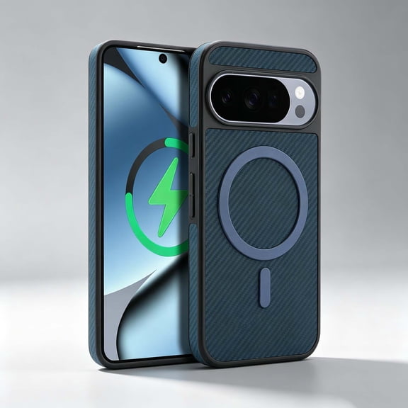 For Google Pixel 9A Phone Case,Compatible with Mag-Safe,Anti-Scratch Fiber Pattern PU Leather Back Design,PC + TPU Hybrid Shockproof Non-Slip Protection,Durable Thin Phone Case,Blue