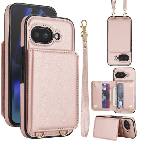 For Google Pixel 9A Phone Case Wallet Card Holder,RFID Blocking PU Leather Back Magnetic Flip Kickstand Folio Case Wrist Lanyard & Crossbody Strap Protective Women Girls Cover,Rosegold