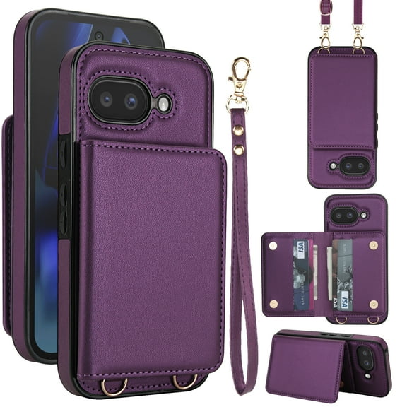 For Google Pixel 9A Phone Case Wallet Card Holder,RFID Blocking PU Leather Back Magnetic Flip Kickstand Folio Case Wrist Lanyard & Crossbody Strap Protective Women Girls Cover,Deeppurple
