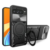 For Google Pixel 9A Phone Case,With Rotatable Ring Kickstand,Sliding Camera Cover,Support Car Mounted Magnetic Holder,JHeavy Duty Shockproof Rugged Durable Phone Case,Black