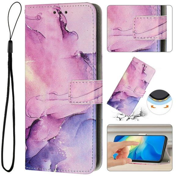 for Google Pixel 9A Wallet Case with Card Holder,Women Men RFID Blocking PU Leather Flip Cover Wrist Strap Magnetic Closure Credit Card Slots Marble Patterned Book Style Phone Case,Purple