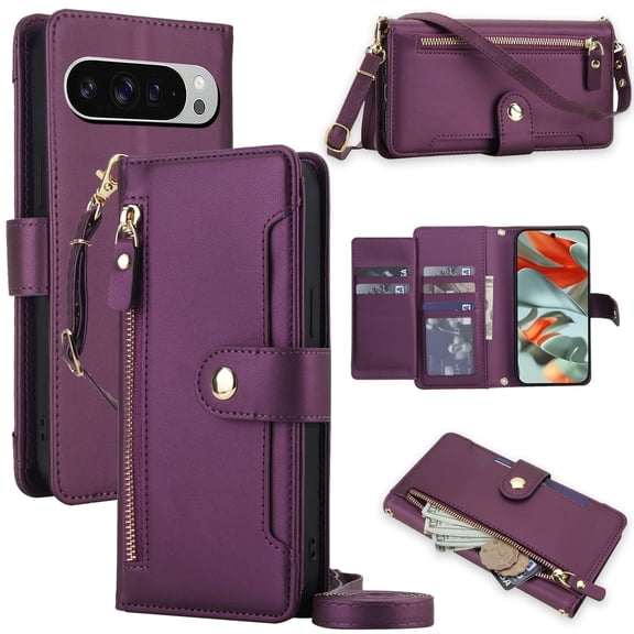 for Google Pixel 9A Wallet Case, Multi-Functional PU Leather Flip Cover with Card Holder and Zipper Pocket, Detachable Shoulder & Wrist Strap Secure RFID Blocking Protection