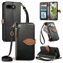 For Google Pixel 9A Wallet Phone Case,PU Leather Flip Fold Kickstand,With Wrist Strap Shoulder Strap,Card Holder,Zipper Pocket,Leaf Design Magnetic Closure Shockproof Durable Case,Black