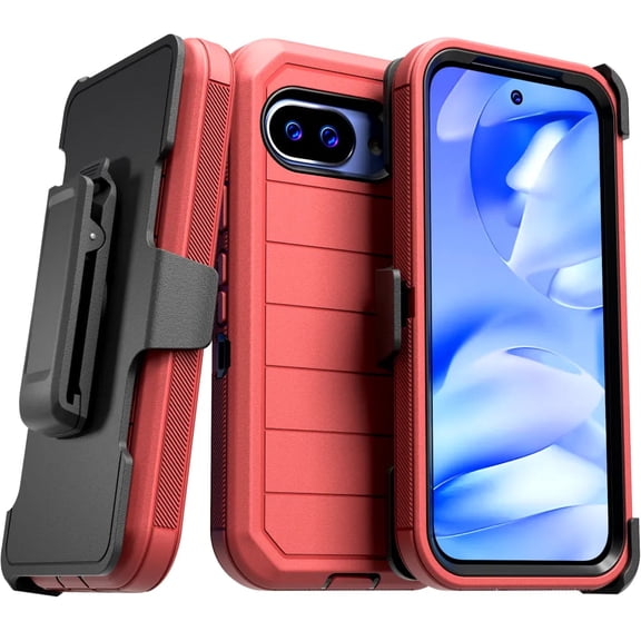 Defender Case for Google Pixel 9a with Belt Clip, Kickstand, Dual-Layer, Red/Black
