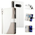thumbnail image 1 of For Google Pixel 9a 6.3" Splicing Multi Card Slots/Pocket Zipper Wallet Strong Magnetic Attachment/Closure,  PU Leather Flip Wallet Case With Hanging Rope,White,For Pixel 9a, 1 of 6