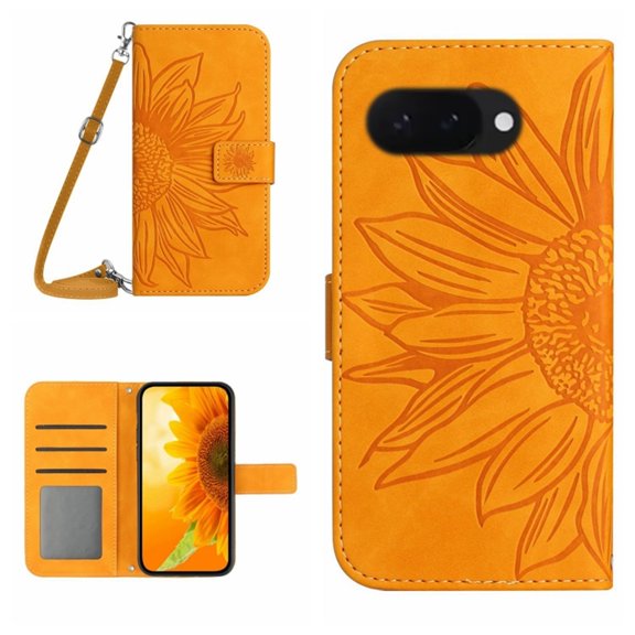 For Google Pixel 9a 6.3" Sunflower  Embossed Strong Magnetic Attachment/Closure, Card Slots/Pocket, PU Leather Flip Wallet Case With Adjustable Shoulder Strap,Yellow,For Pixel 9a