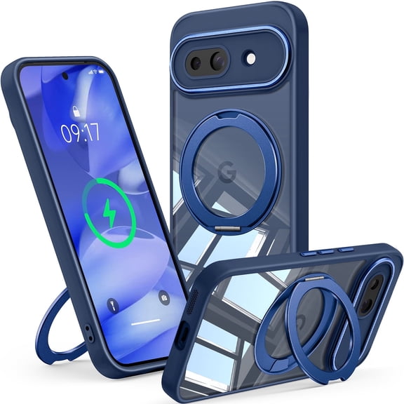 JETeacka for Google Pixel 9A Case, 360° Rotatable Stand, Lens Protection Shockproof Magnetic Anti-Yellowing, Blue