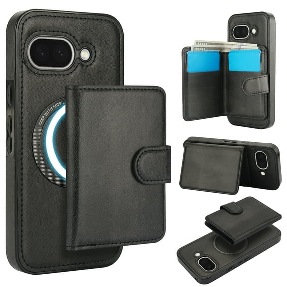for Google Pixel 9a Case, Compatible with MagSafe, Detachable Magnetic Wallet Case with PU Leather Kickstand Card Slots Shockproof Protection 2 In 1 Case for Google Pixel 9a, Black