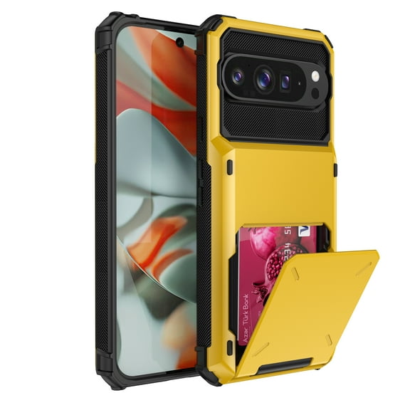 for Google Pixel 9a Case Military Grade Shockproof Phone Case with Card Holder Heavy Duty Protective Hard PC Shell Soft TPU Bumper Cover for Google Pixel 9a Phone Case, Yellow