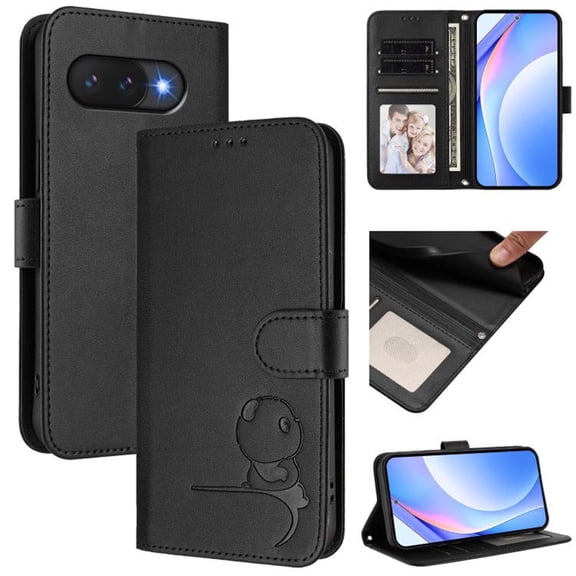 For Google Pixel 9a Litter Panda Embossing Leather Phone Case with RFID Blocking Card Slot Wallet Magnetic Clasp Lanyard Flip Stand Case,Black,For Google Pixel 9a