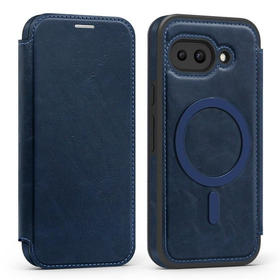 For Google Pixel 9a Magnetic Phone Case,Compatible with Mag-safe,Built-in RFID Blocking Card Slots,Premium PU Leather Flip Shockproof Anti-fall Rugged Thin Fit Phone Case,Blue