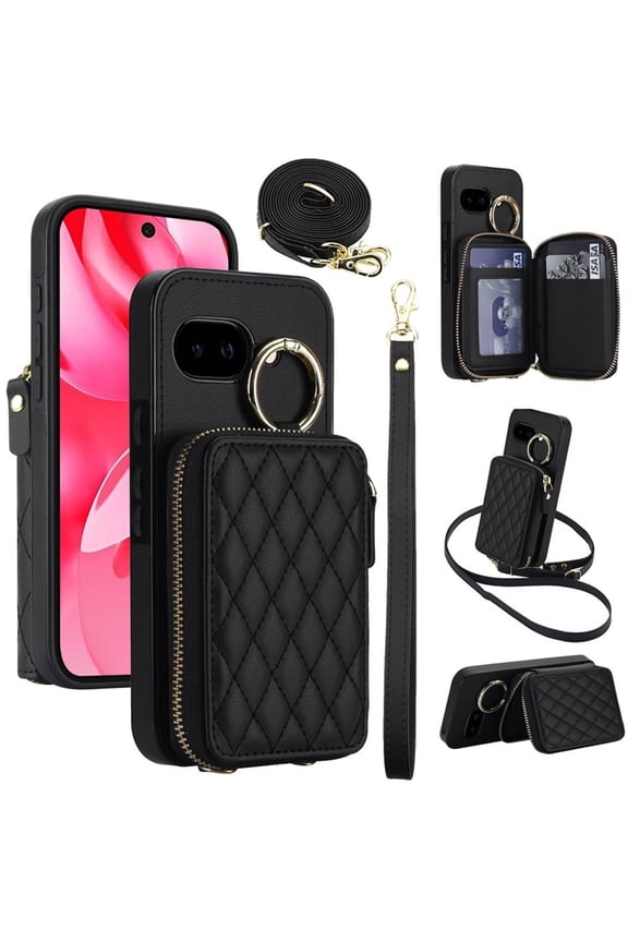 For Google Pixel 9a RFID Blocking Wallet Case Magnetic Flip Cover Multi-Card Slots Zipper Pocket With Ring Clasp Detachable Shoulder Strap And Wrist Strap,Black,For Google Pixel 9a