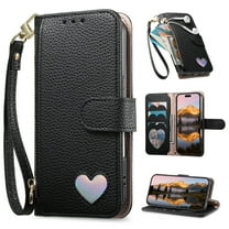 for Google Pixel 9a Wallet Case, Built-in Card Holder Zipper Pocket Wrist Strap Kickstand, Lychee Texture PU Leather Heart Pattern Protective Phone Case Women Girls, Full Body Protection, Black